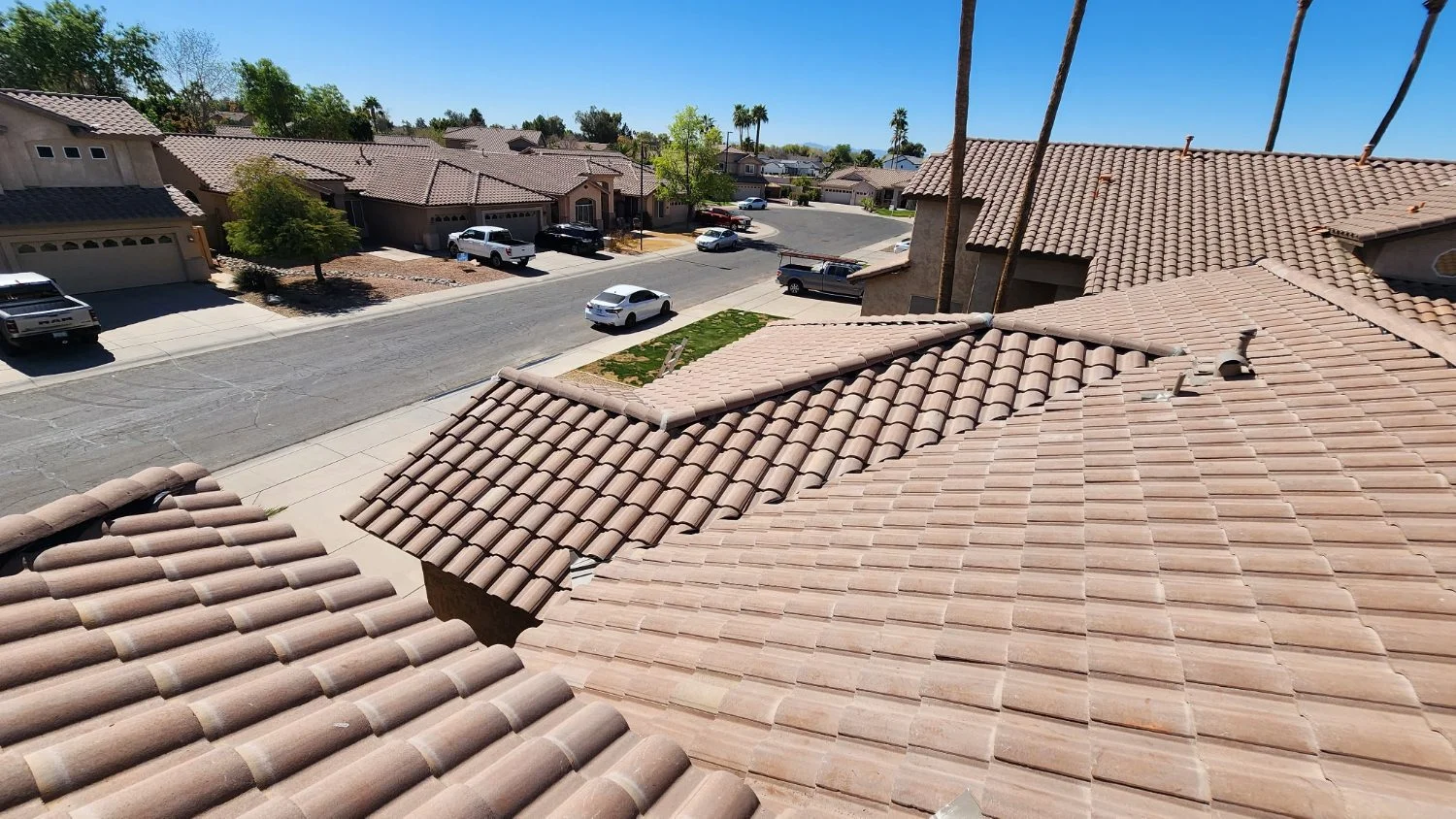 Close-up of finished tile roof courses