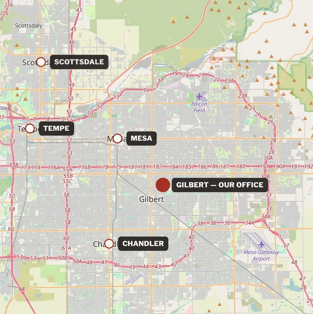 Map of the East Valley service area, with the Gilbert office marked and Scottsdale, Tempe, Mesa and Chandler labelled