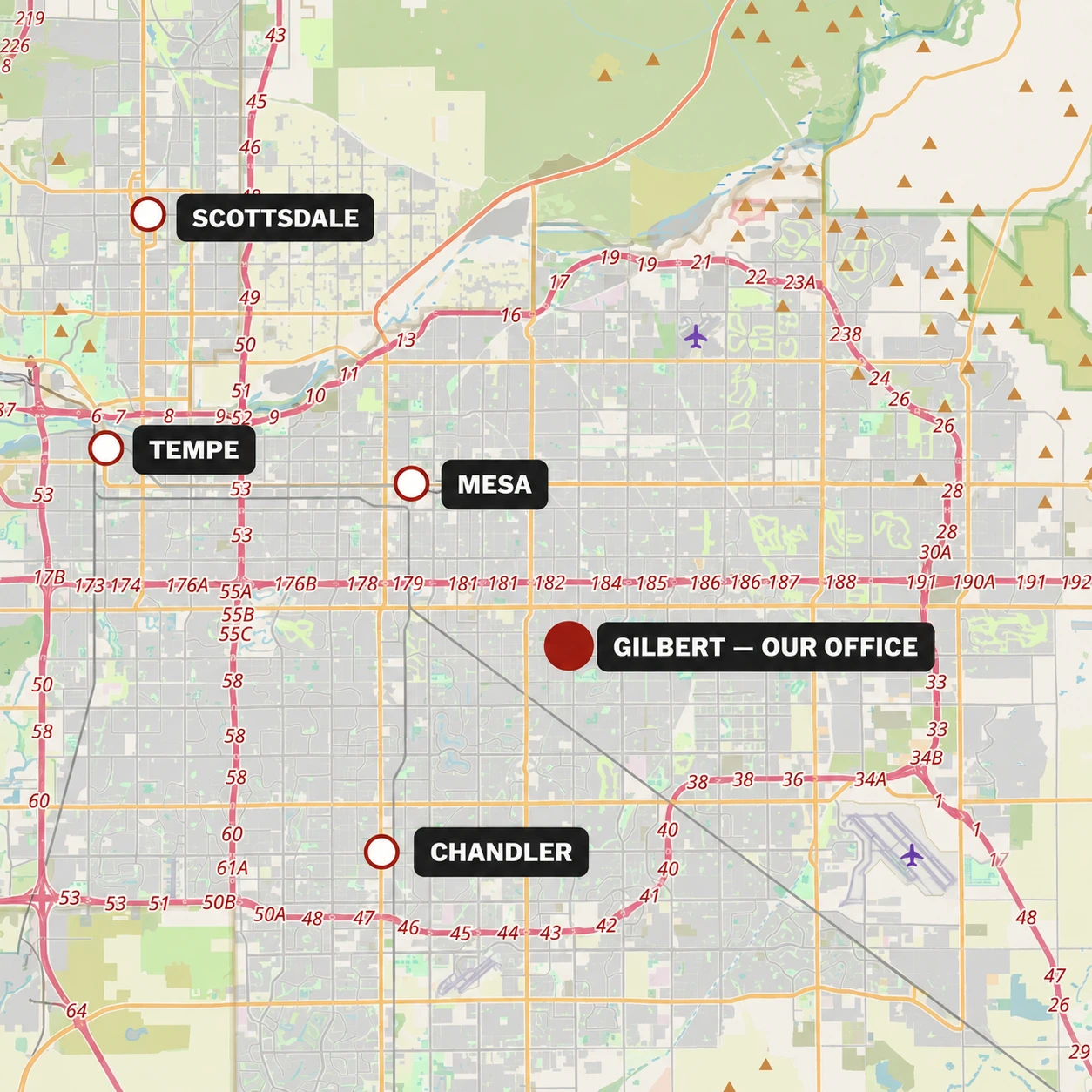 Service area map — Gilbert, Mesa, Chandler, Tempe, Scottsdale and the surrounding East Valley